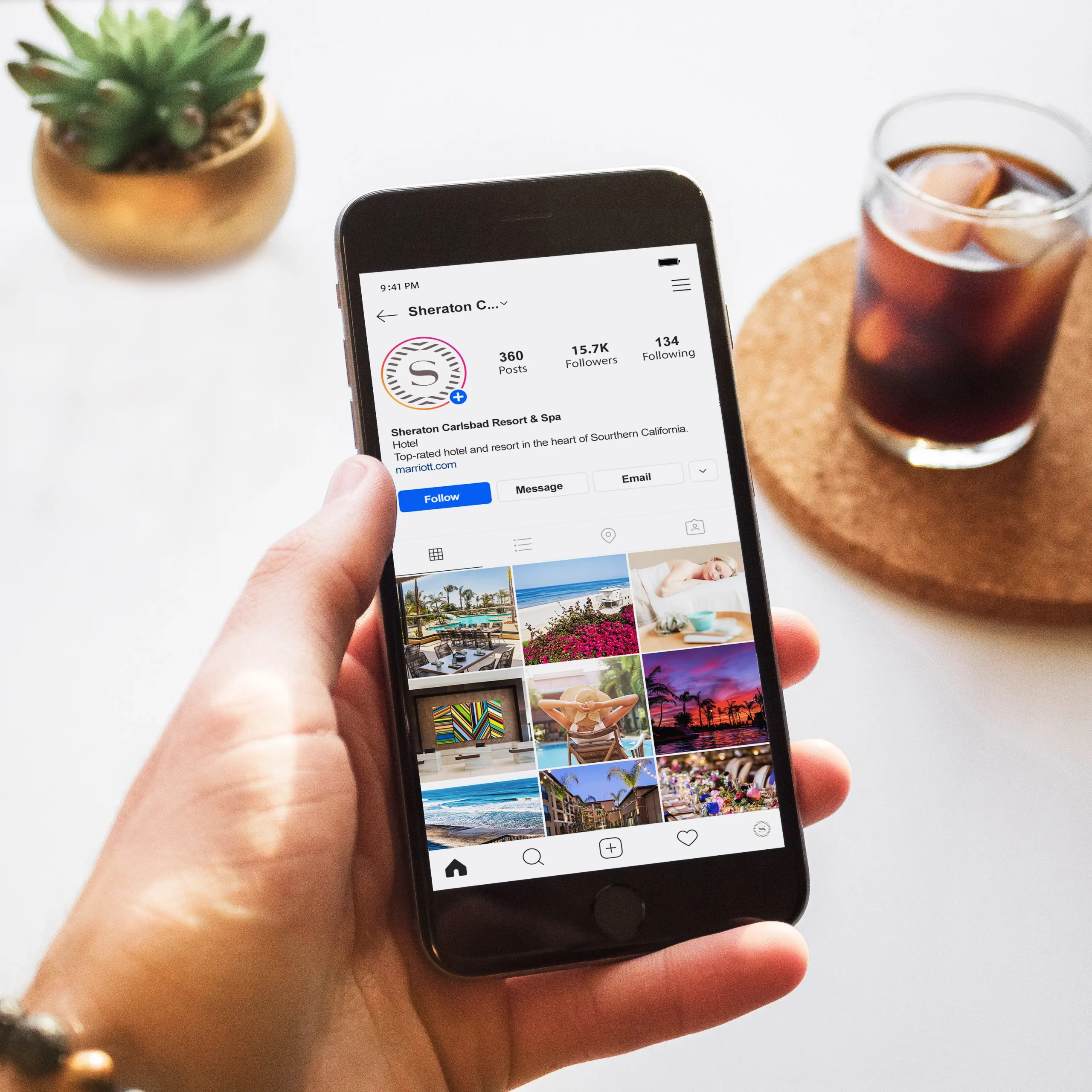 A cellphone with the Sheraton Carlsbad Resort & Spa instagram page.